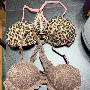 PINK Victoria's Secret Leopard Print Push-Up Bra & Brown Lace Racerback Bra